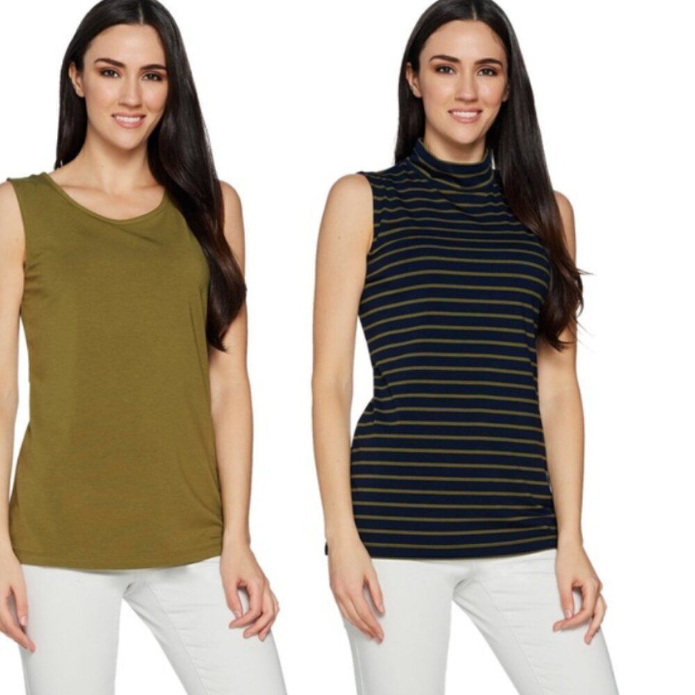 New Susan Graver Weekend Solid & Striped Cotton Modal Set of 2 Tops | Size M